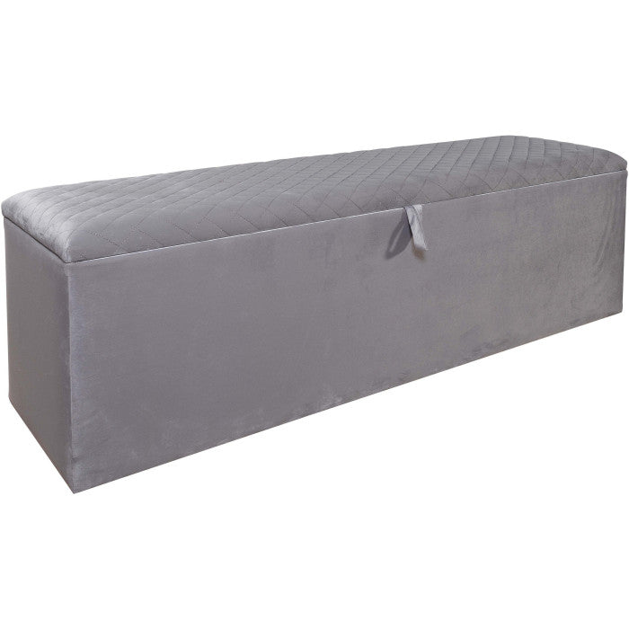 Banc bout de lit coffre avec rangement coloris gris design en velours L. 150 x P. 41 x H. 45 cm collection GENEVA