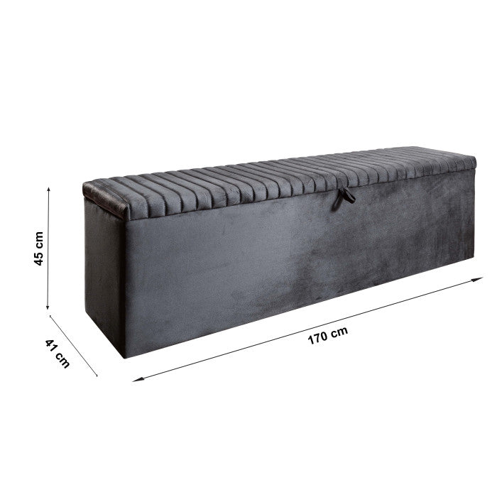 Banc bout de lit coffre avec rangement coloris gris design en velours L. 170 x P. 41 x H. 45 cm collection DUBAI
