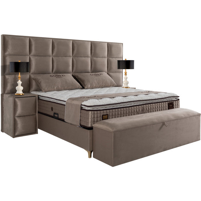 Banc bout de lit coffre avec rangement coloris taupe design en velours L. 170 x P. 41 x H. 45 cm collection BARCELONA