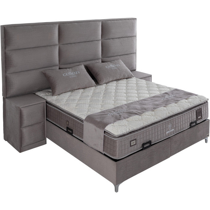 Ensemble de lit coffre 160x200 en velours gris avec un matelas à ressorts ensachés 7 zones de confort de la collection MOSCOW