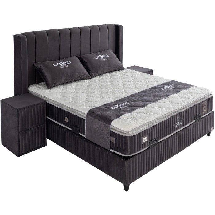 Ensemble de lit coffre 180x200 en velours gris avec un matelas à ressorts ensachés 7 zones de confort de la collection BRUSSELS