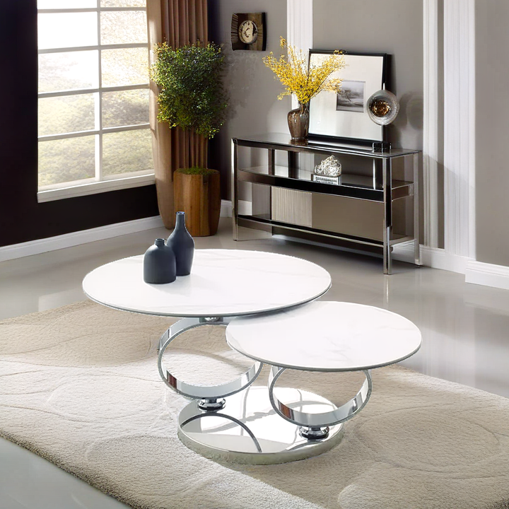 Table Basse, 2 plateaux verre empilable, verre, marbre, métal argenté, noir