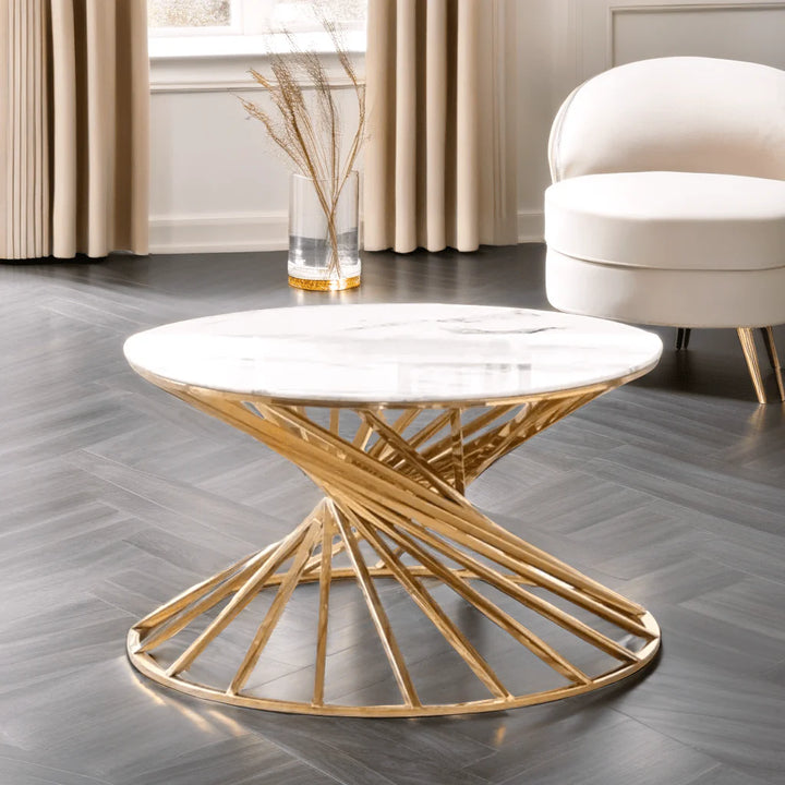 Table Basse Ronde plateau verre, marbre, métal doré , argenté