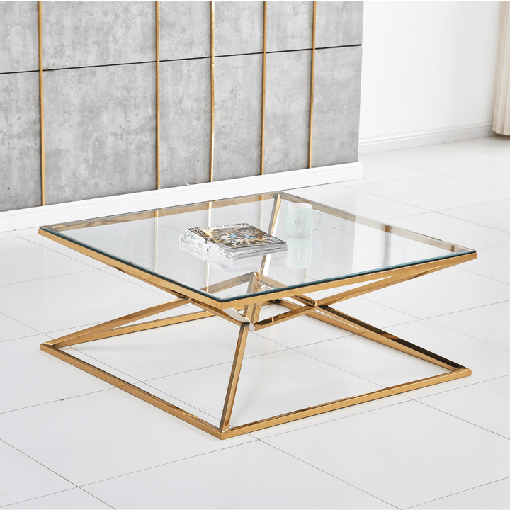 Table Basse carrée en verre trempé et pieds en acier inoxydable