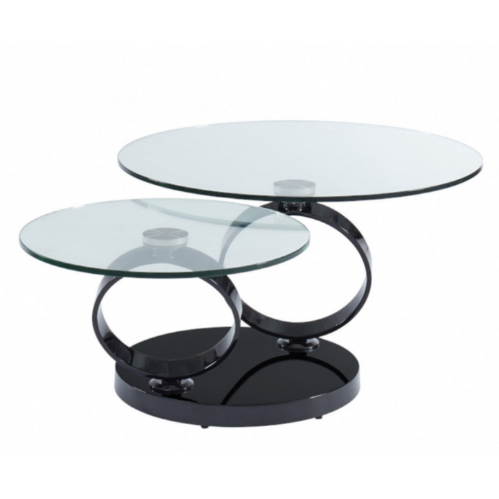 Table Basse, 2 plateaux verre empilable, verre, marbre, métal argenté, noir