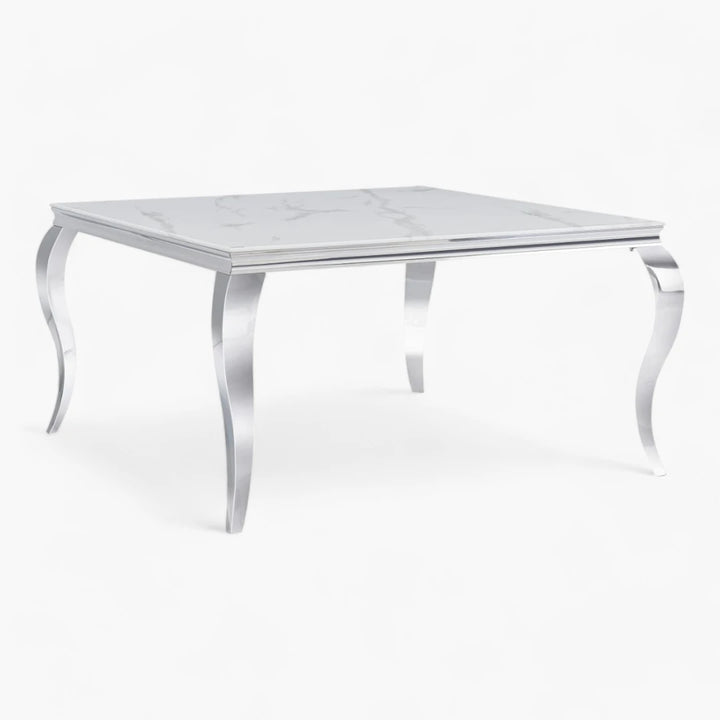 Table à manger carrée plateau marbre couleur blanc argenté