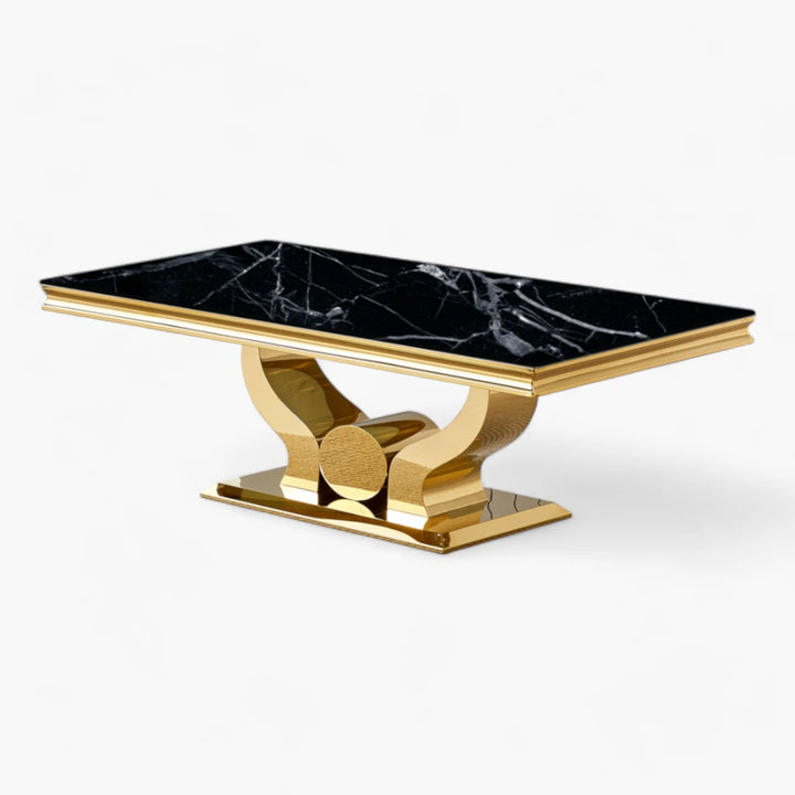 Table Basse plateau marbre couleur noir pieds dorée en acier inoxydable