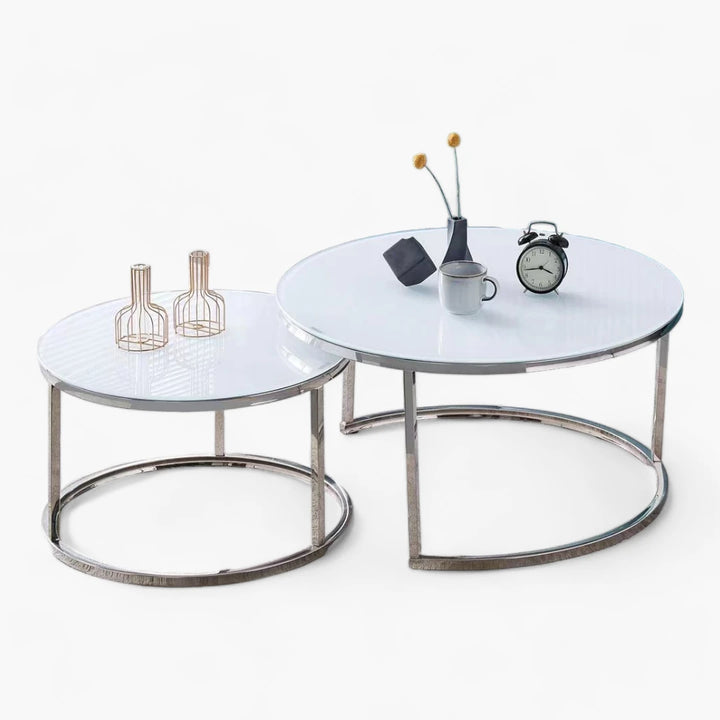 Table basse Blanc brillant plateau en verre trempé blanc pieds argentée en acier inoxydable