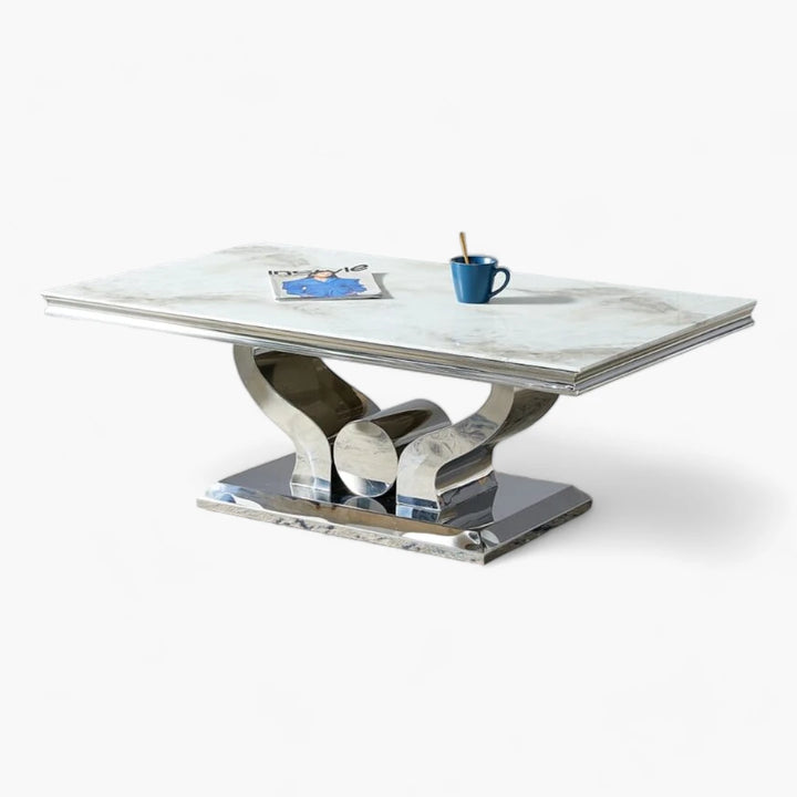 Table Basse plateau marbre couleur blanc pieds argentés en acier inoxydable