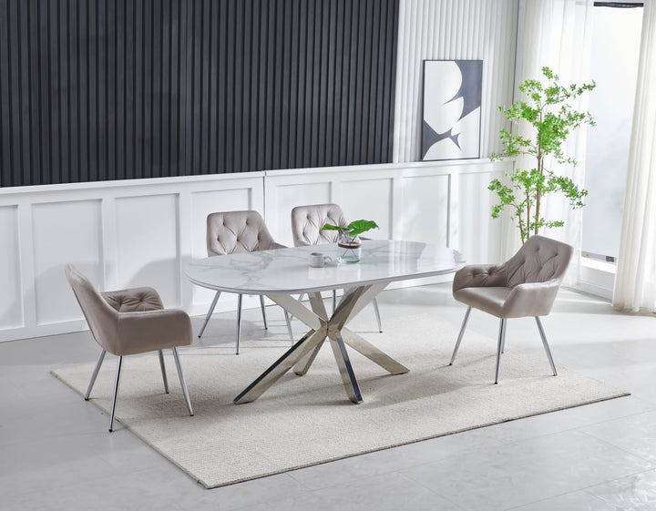 Table à manger plateau marbre céramique blanc argentée et 4 chaises