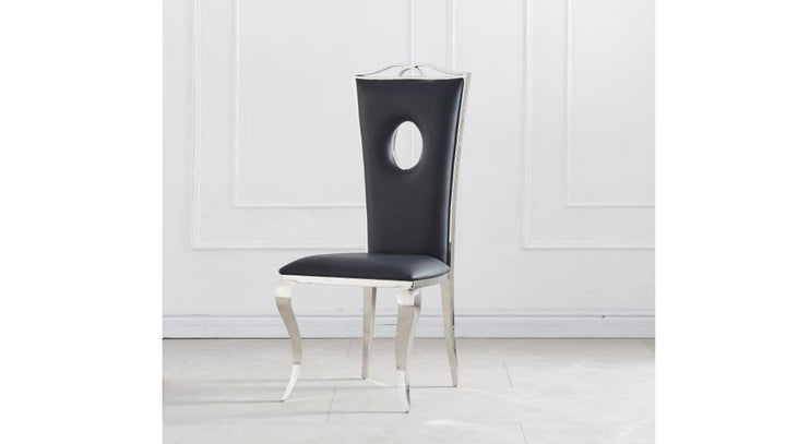 Table à manger DIAMONT verre et chaises simili noir argentées