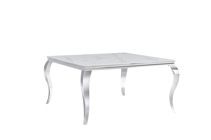 Table à manger carrée plateau marbre couleur blanc argenté