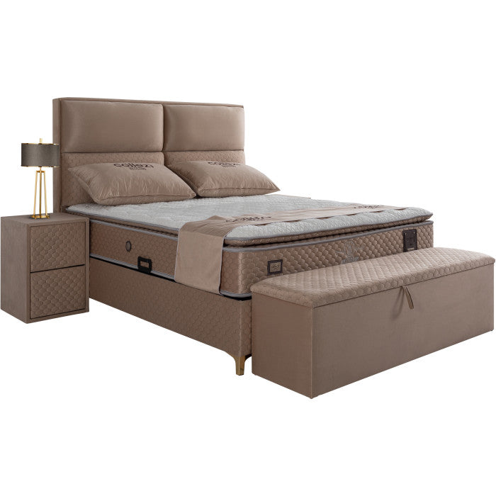 Banc bout de lit coffre avec rangement coloris beige design en velours L. 150 x P. 41 x H. 45 cm collection AMSTERDAM