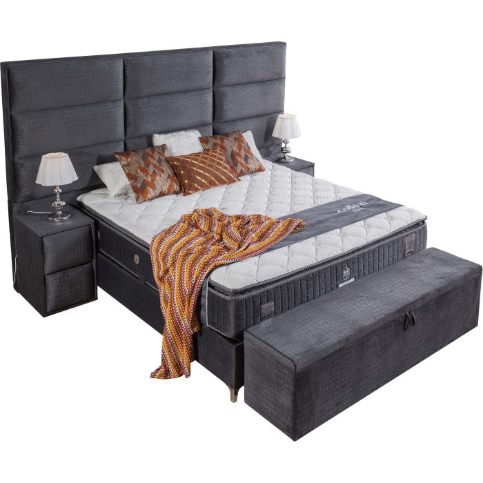 Banc bout de lit coffre avec rangement coloris gris design en velours L. 150 x P. 41 x H. 45 cm collection MOSCOW