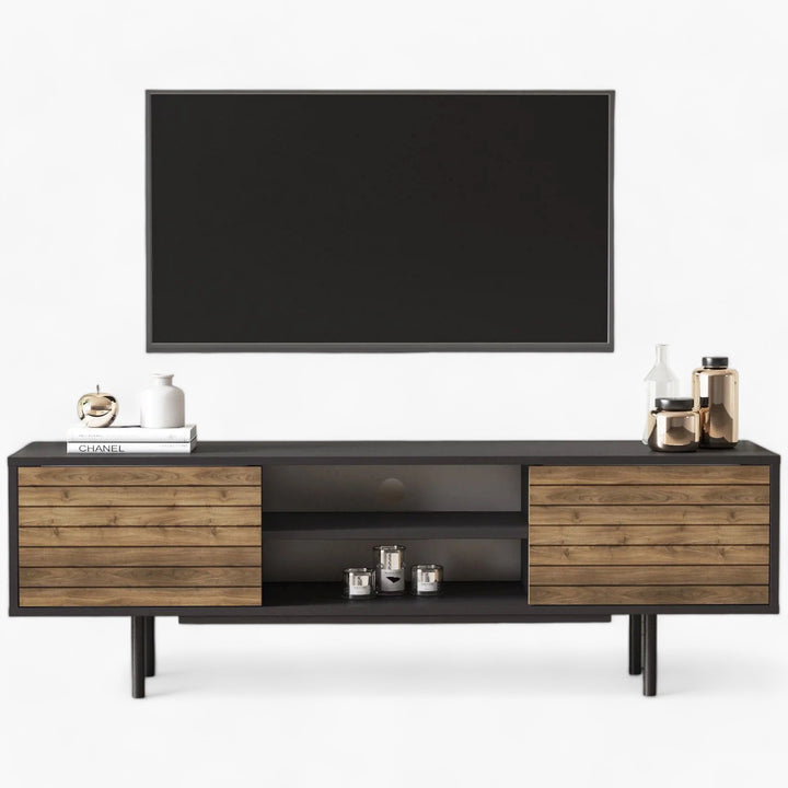 Meuble TV OSCARO 2 portes en bois foncé et Noir 160 cm