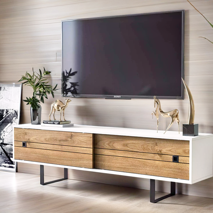 Meuble TV, bois chêne et blanc, métal noir