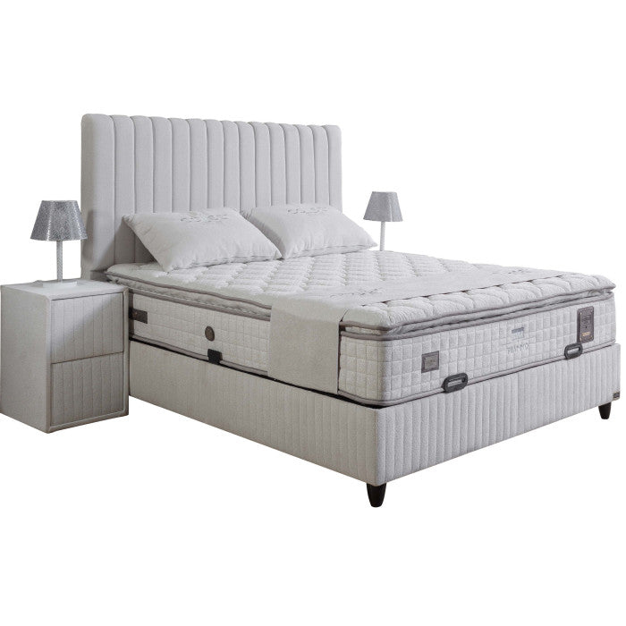 Ensemble de lit coffre 180x200 en tissu bouclette blanc avec un matelas à ressorts ensachés 7 zones de confort de la collection PIANNO