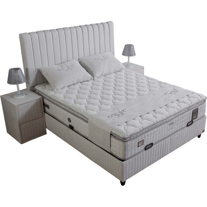 Ensemble de lit coffre 180x200 en tissu bouclette blanc avec un matelas à ressorts ensachés 7 zones de confort de la collection PIANNO