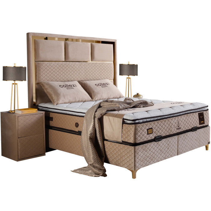 Ensemble de lit coffre 180x200 en velours beige avec un matelas à ressorts ensachés 7 zones de confort de la collection PARIS