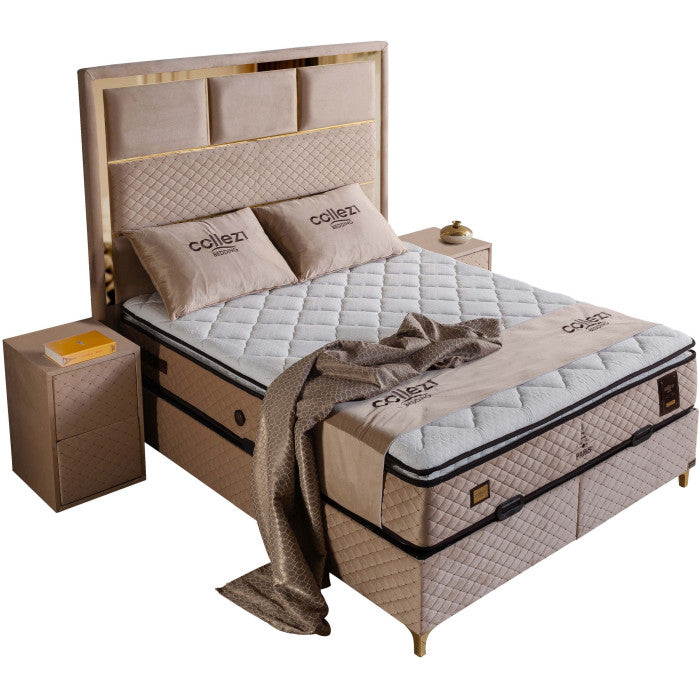 Ensemble de lit coffre 180x200 en velours beige avec un matelas à ressorts ensachés 7 zones de confort de la collection PARIS