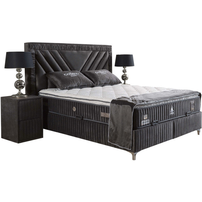 Ensemble de lit coffre 180x200 en velours gris avec un matelas à ressorts ensachés 7 zones de confort de la collection DUBAI