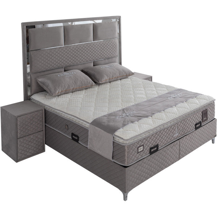 Ensemble de lit coffre 180x200 en velours gris avec un matelas à ressorts ensachés 7 zones de confort de la collection PARIS