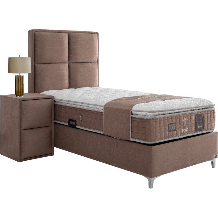 Ensemble de lit coffre 90x200 en velours marron avec un matelas à ressorts ensachés 7 zones de confort de la collection RIO