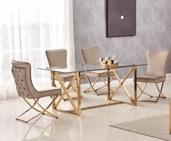 Table à manger marbre blanc dorée 4 chaises velours beige