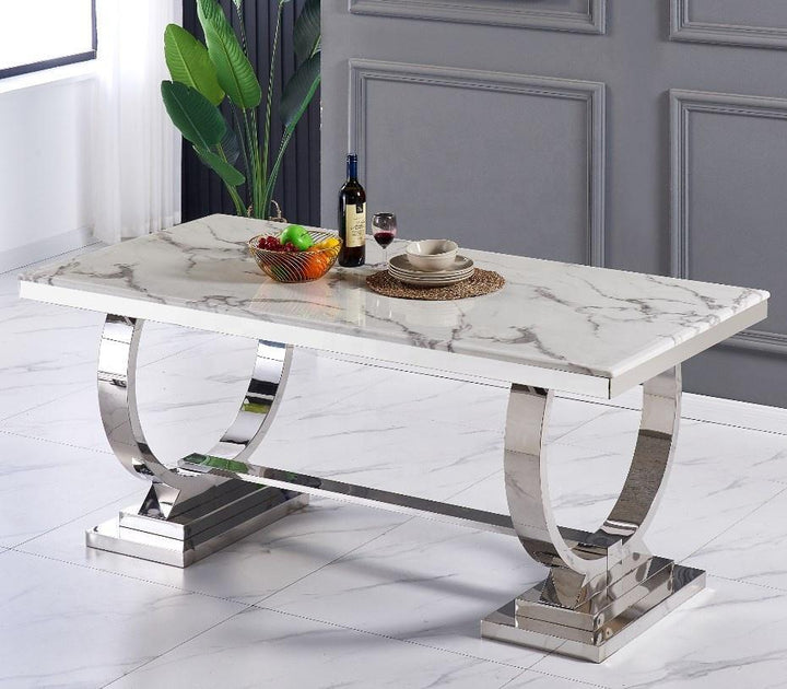 Table à Manger OMEGA en marbre blanc pieds argentés